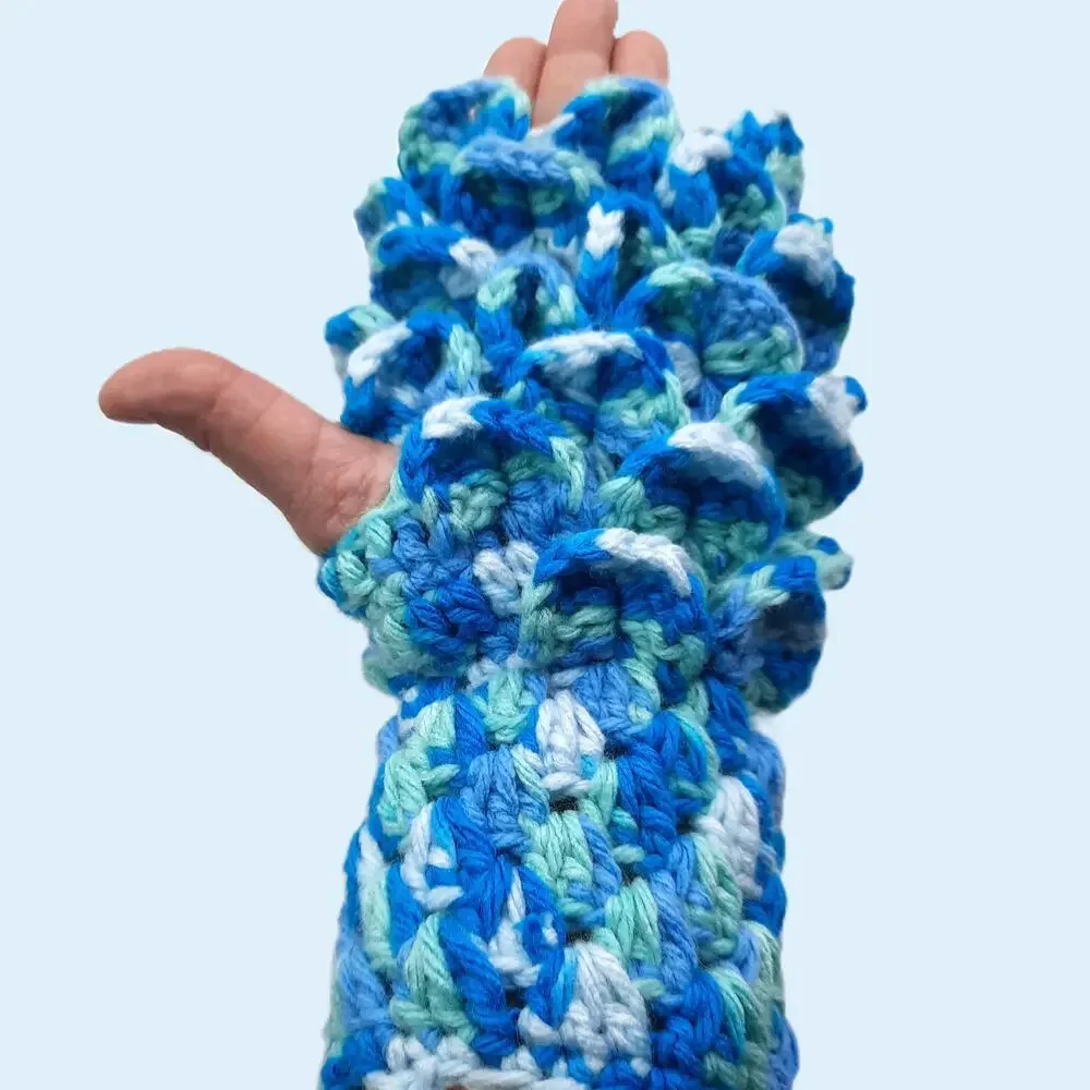 Crochet Fingerless Gloves Dragon Scale Handmade Blue Mermaid Texting Crocodile